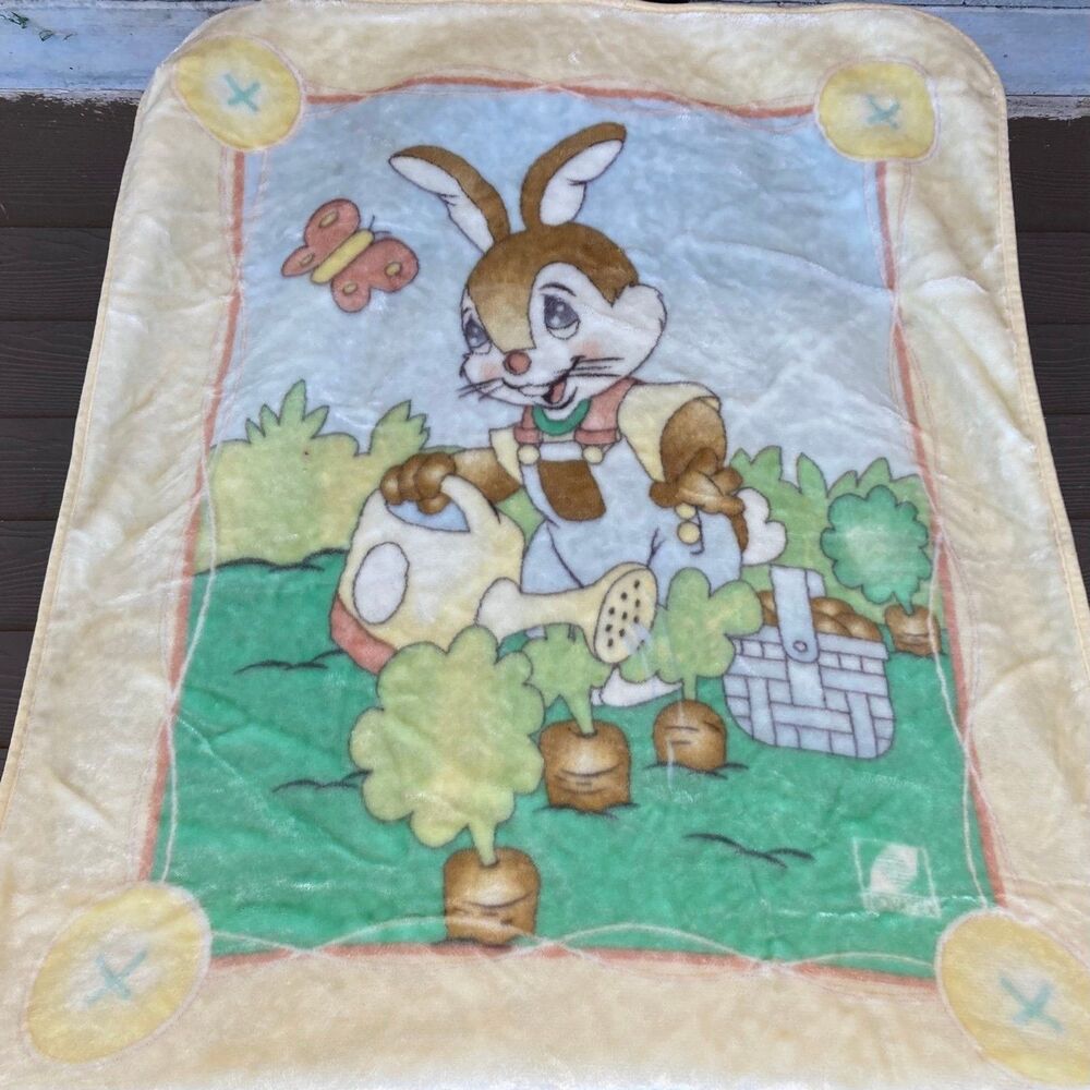 Vintage Novatex Blanket Easter Bunny Rabbit Butterfly Carrot Garden Plush Mink